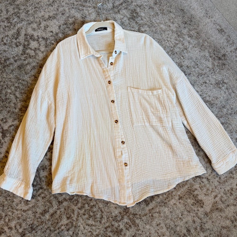 Womens Cream Button-Up Long Sleeve Shirt Drop Shoulder Blouse Pocket Linen Large